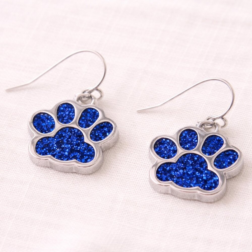 Blue Glitter Paw Print Dangle Earrings Pet Lover Jewelry - Picture 2 of 4